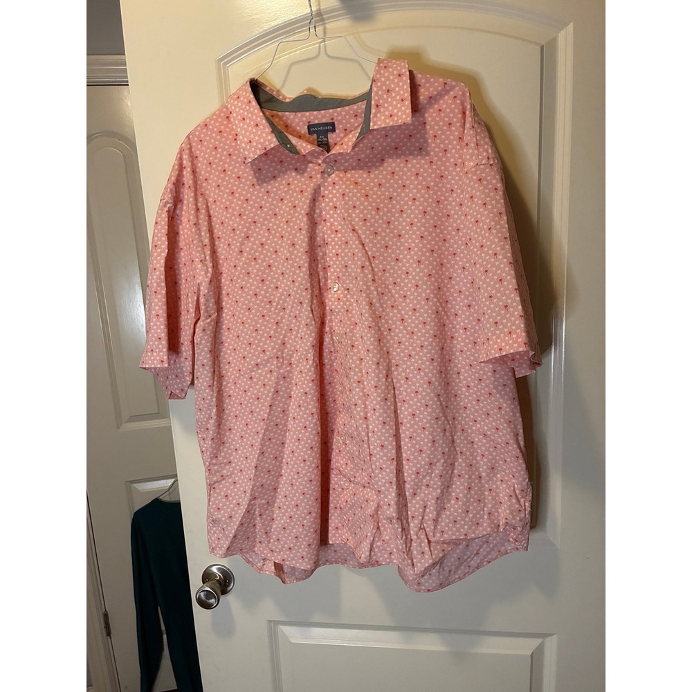 Van Heusen Men's Size 3XL Short Sleeve Button Down Shirt Pink/White Palm Tree